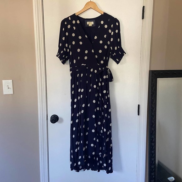 Anthropologie Maeve Polka Dot Wrap Dress Midi High-Low Puff Sleeve Navy Blue 8 - Picture 2 of 10